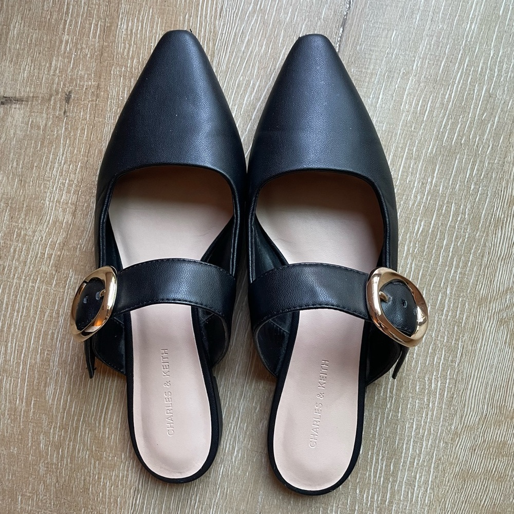 SOLD- Charles & Keith Pointed Mules with Gold Buckle